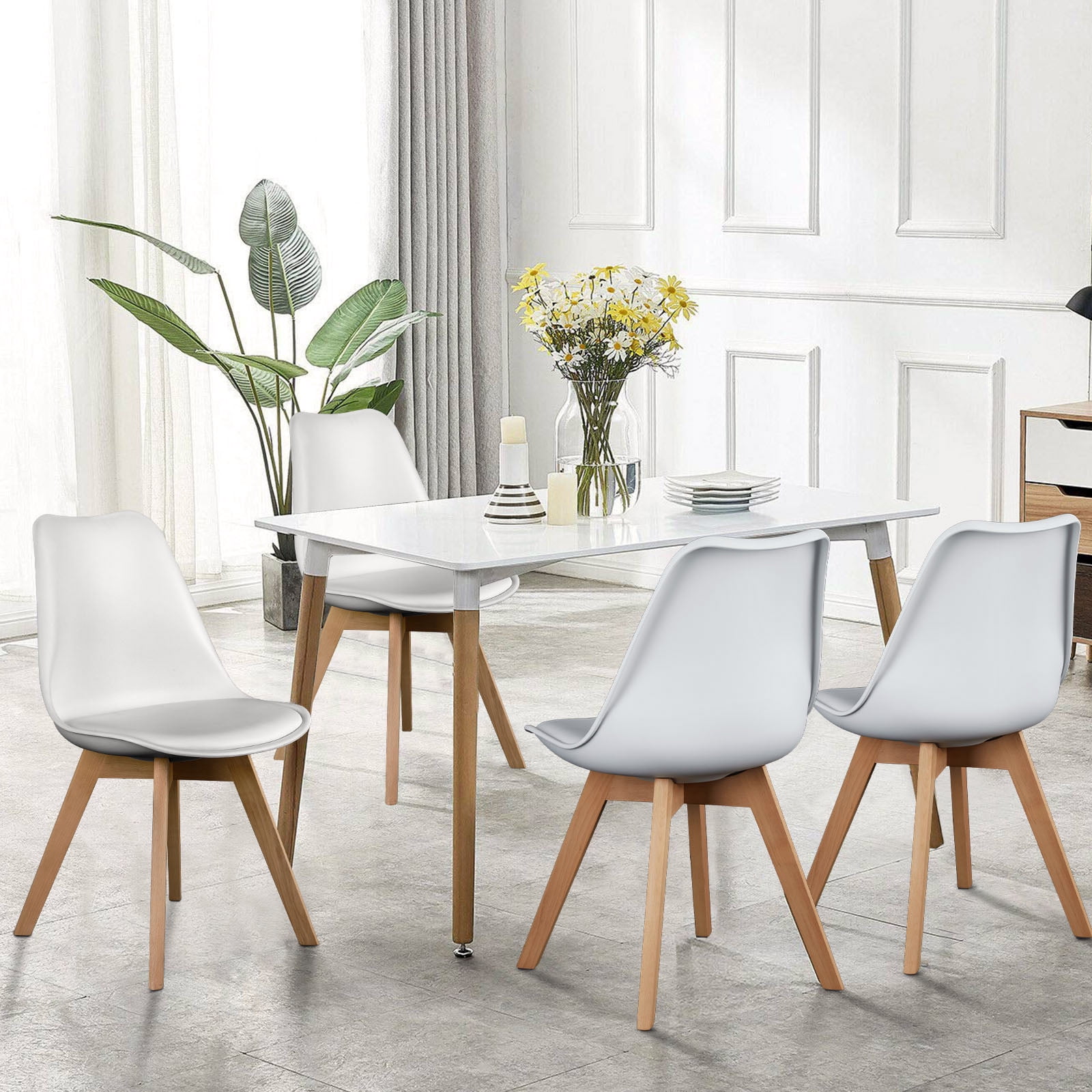 GIANNA Dining Chairs Set of 4, Modern PU Leather Cushioned Chairs with Wooden Legs for Dining Room, Kitchen, Living Room, Home Office, White