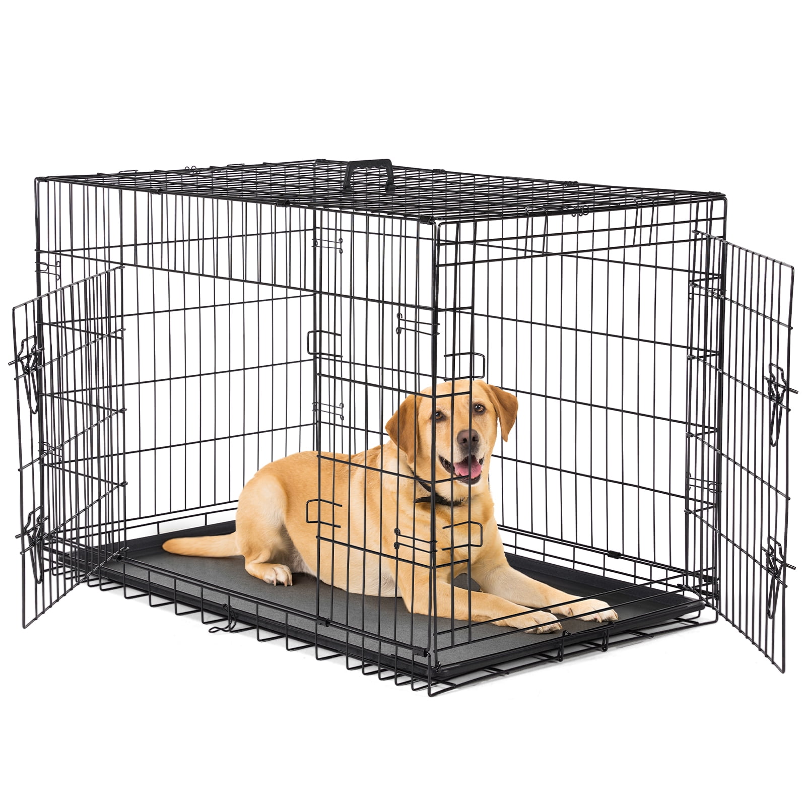GIANNA Dog Cage Pet Crate for Dogs 42 Inch Folding Metal Pet Cage Double Door W/Divider Panel Indoor Outdoor Dog Kennel Leak-Proof Plastic Tray Wire Animal Cage