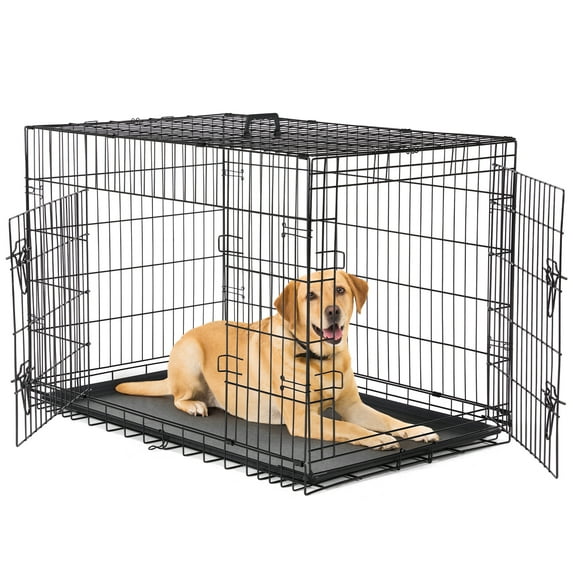 GIANNA Dog Cage Pet Crate for Dogs 42 Inch Folding Metal Pet Cage Double Door W/Divider Panel Indoor Outdoor Dog Kennel Leak-Proof Plastic Tray Wire Animal Cage