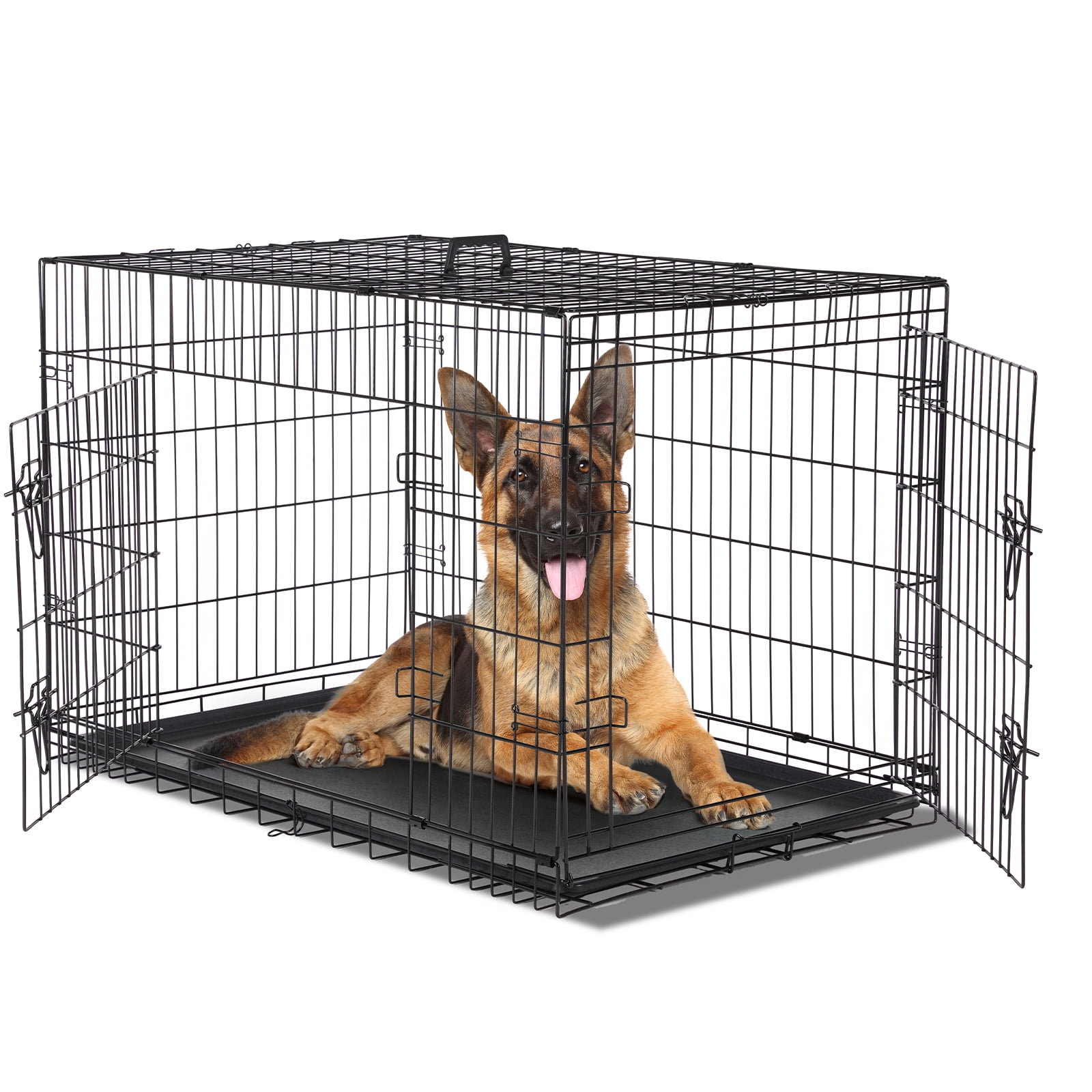 GIANNA Dog Cage Pet Crate for Dogs 48 Inch Folding Metal Pet Cage Double Door W/Divider Panel Indoor Outdoor Dog Kennel Leak-Proof Plastic Tray Wire Animal Cage