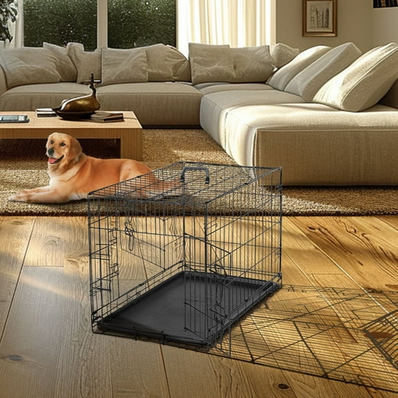GIANNA Dog Crate, 36 Inch Medium Folding Metal Wire Pet Double Door Dog Cage with Divider Panel and Plastic Leak-Proof Pan Tray, Outdoor