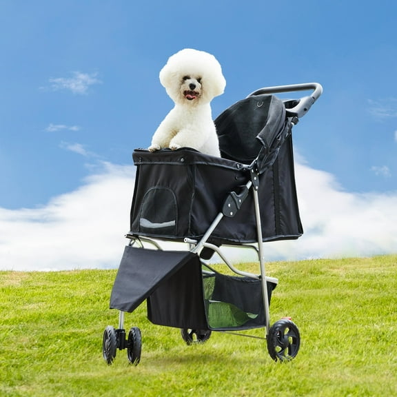 CONCETTA Dog Stroller, Folding Pet Carrier with Storage Basket for Cats and Dogs, 3 Wheels, Black