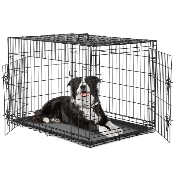GIANNA 36 In Double Door Dog Cage, Folding Metal Wire Dog Cage with Plastic Leak-Proof Pan Tray