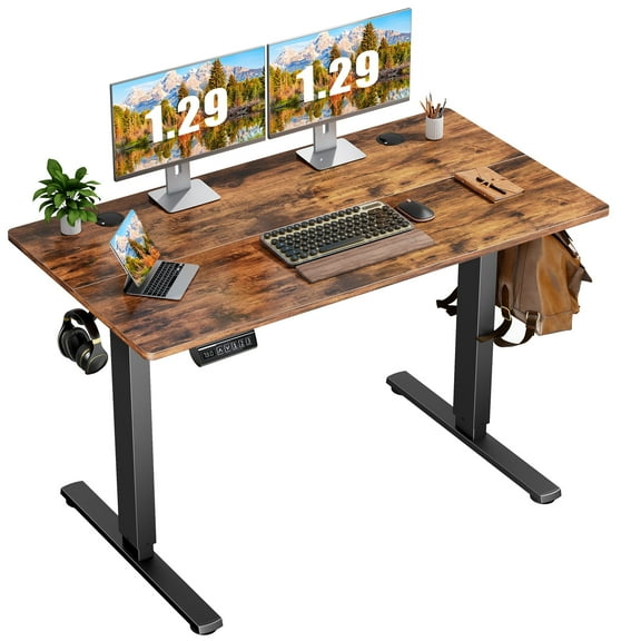 CONCETTA Electric Adjustable Height Standing Desk - 48 x 24 inch Sit to Stand Up Desk with Splice Board, Rising Home Office Computer Table with 2 Hook and Wire Hole for Work, Rustic Brown