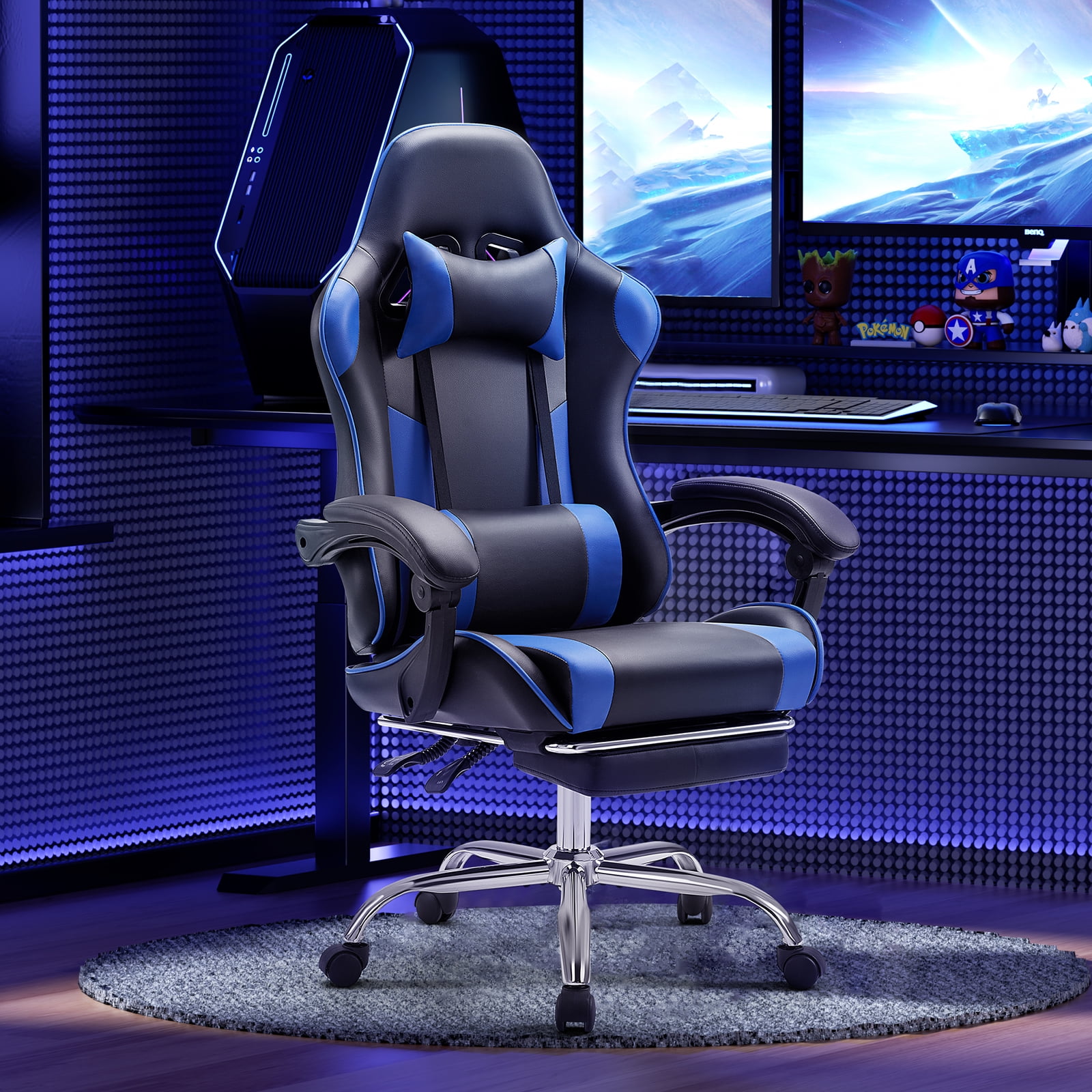 JIOABL Ergonomic Gaming Chair With Headrest And Lumbar Pillow,Height Adjustable With 360°-Swivel Seat,Blue