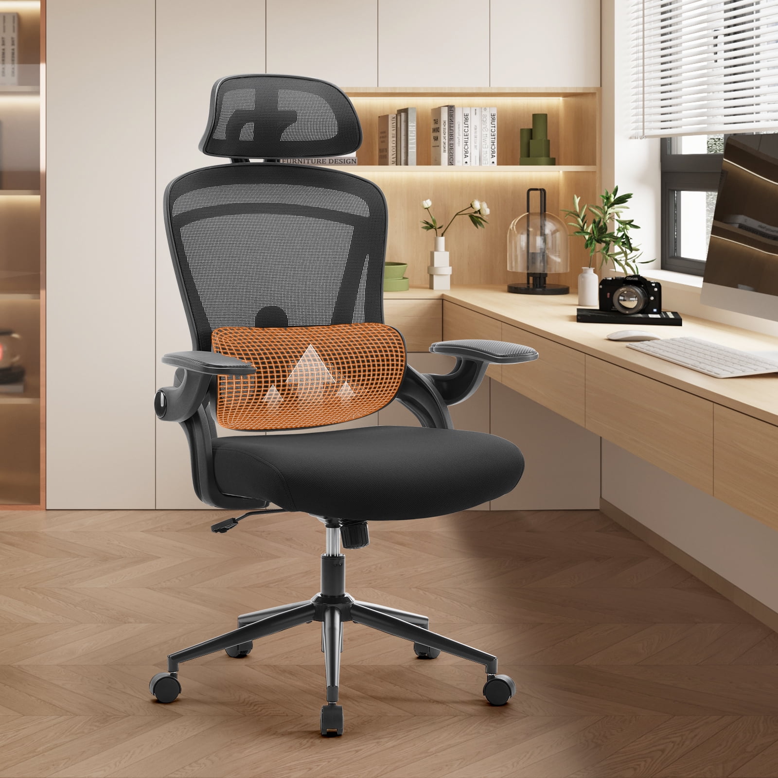 JIOABL Ergonomic High-Back Mesh Office Chair with Lumbar Support, Adjustable Armrests, and Breathable Design for Comfortable Long-Hour Work, Black