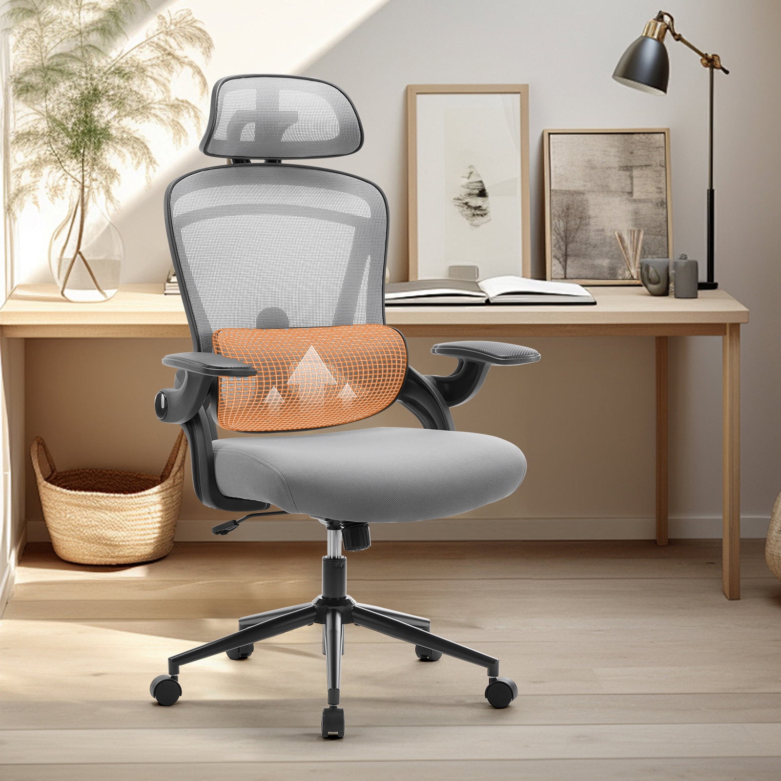 JIOABL Ergonomic High-Back Mesh Office Chair with Lumbar Support, Adjustable Armrests, and Breathable Design for Comfortable Long-Hour Work, Grey