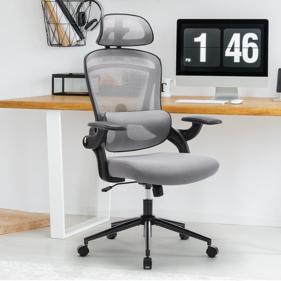 GIANNA Ergonomic Mesh Office Chair, High Back Desk Chair with Adjustable Lumbar Support, Headrest & Armrests, Swivel Task Chair, Grey