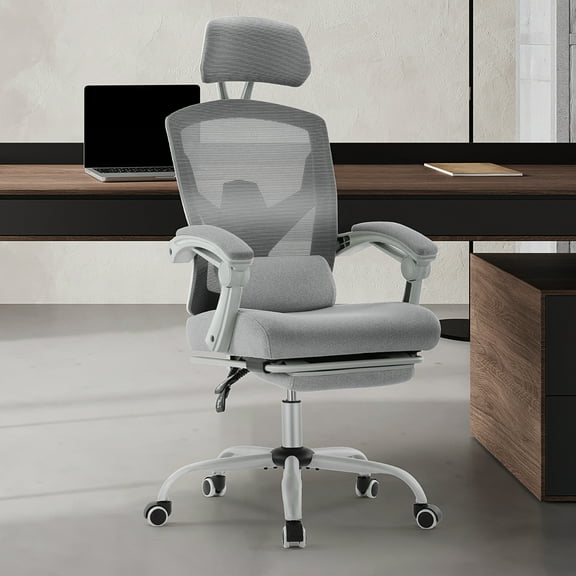 JOINSUN Ergonomic Office Chair - High Back Mesh, Reclining with Lumbar Support, Adjustable Headrest, Footrest & Padded Arms, Gray