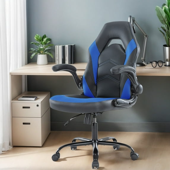GIANNA Ergonomic PU Leather Computer Gaming Chair, Adjustable Swivel Racing Chair with Flip-up Armrest, Black Blue