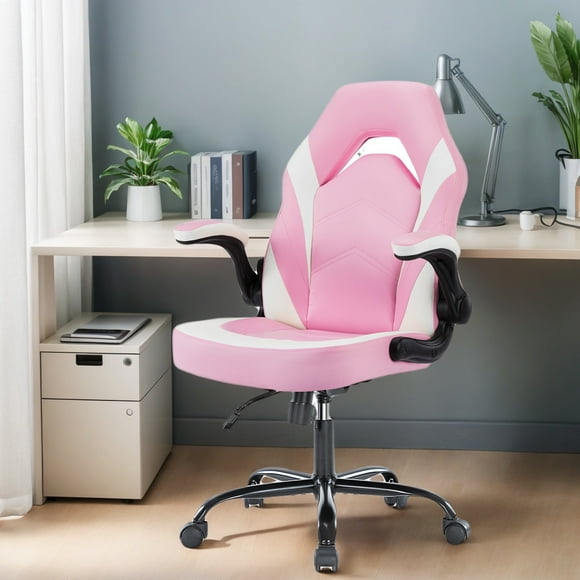 GIANNA Ergonomic PU Leather Computer Gaming Chair, Adjustable Swivel Racing Chair with Flip-up Armrest, Pink White