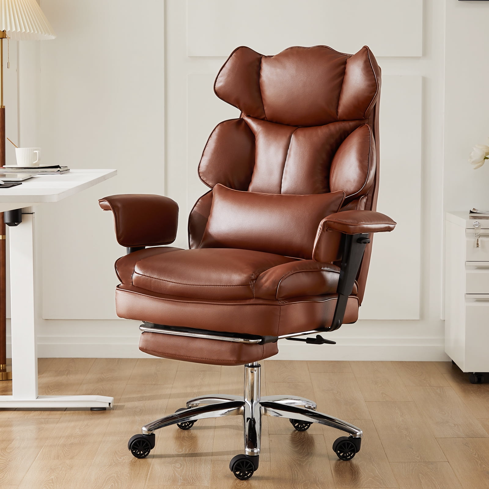 GIANNA Executive Home Office Desk Chair Ergonomic Big Tall High Back with Footrest & Lumbar Support, Reclining Height Adjustable Comfy PU Leather Computer Gaming with Swivel Wheels, Brown