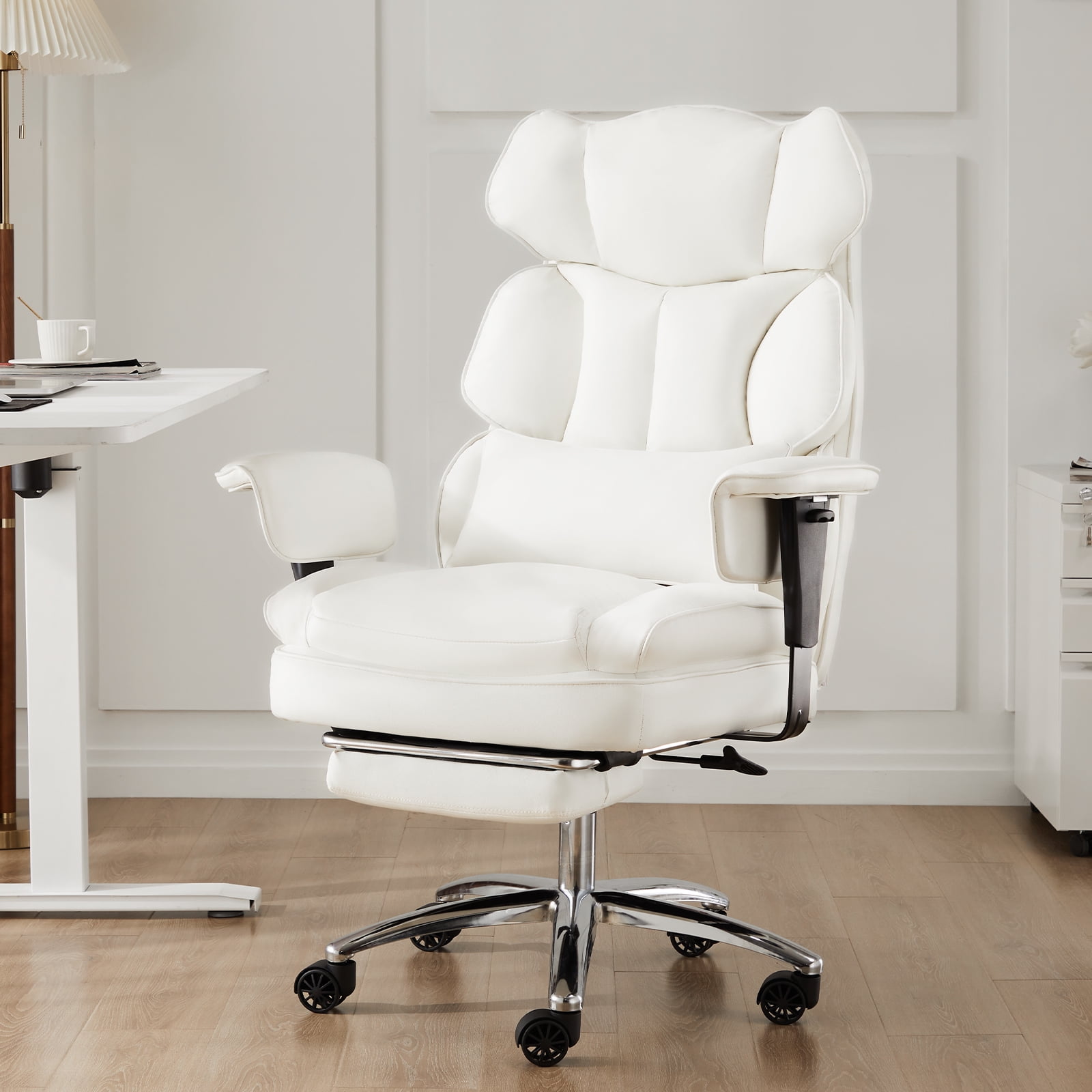 GIANNA Executive Home Office Desk Chair Ergonomic Big Tall High Back with Footrest & Lumbar Support, Reclining Height Adjustable Comfy PU Leather Computer Gaming with Swivel Wheels, White