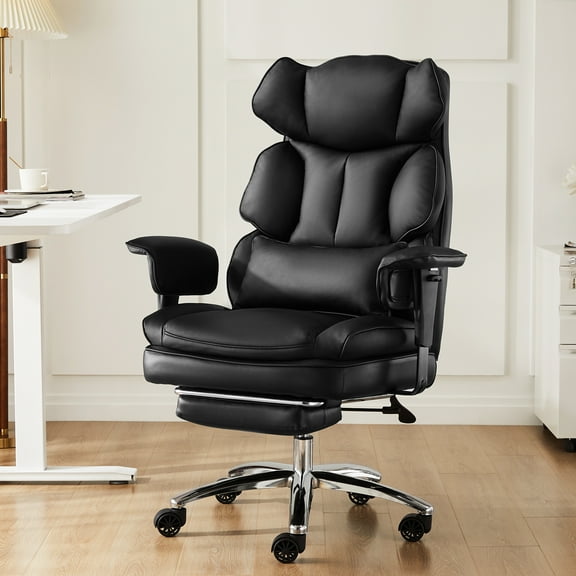 GIANNA Executive Home Office Desk Chair Ergonomic Big Tall High Back with Footrest & Lumbar Support, Reclining Height Adjustable Comfy PU Leather Computer Gaming with Swivel Wheels, Black