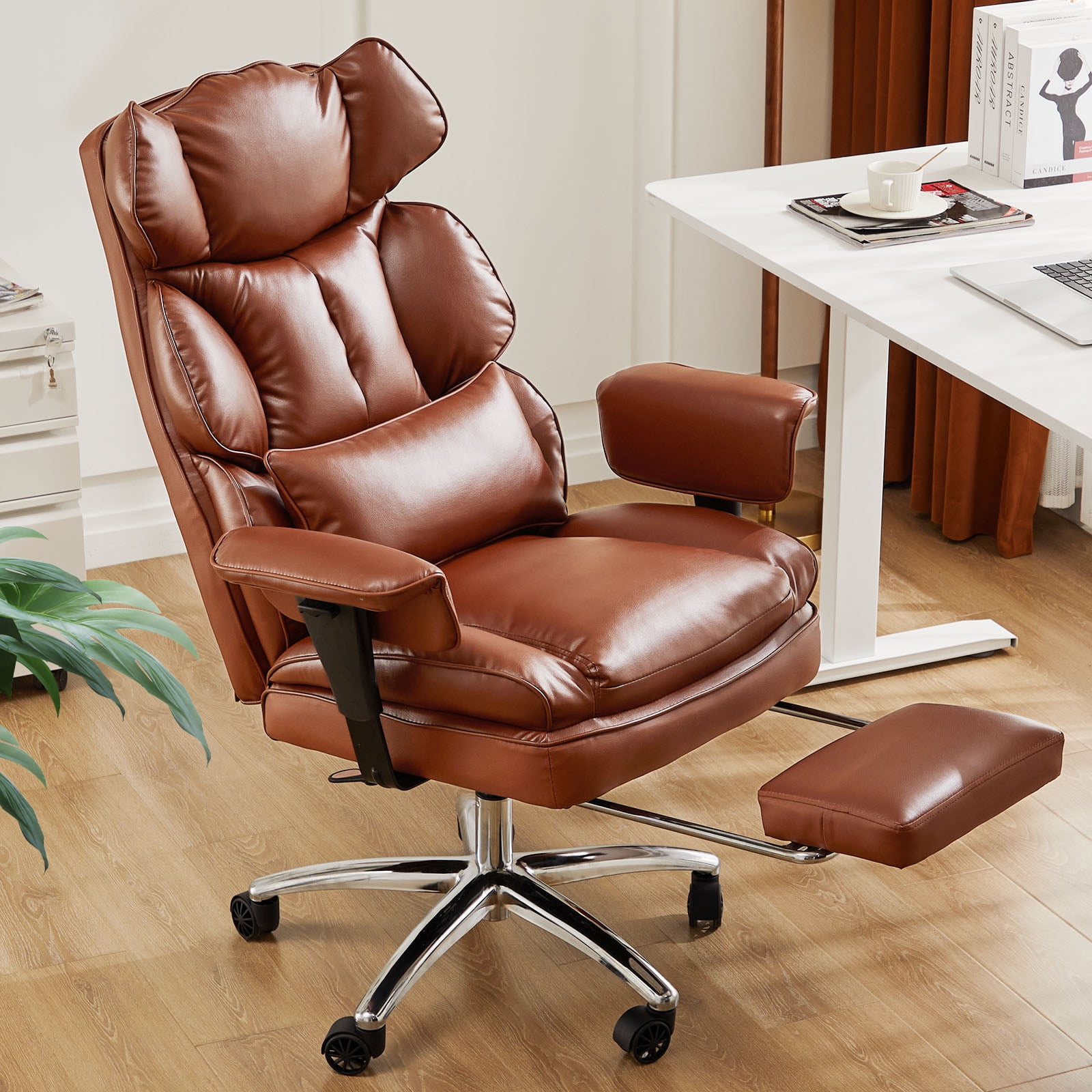 GIANNA Executive Home Office Desk Chair with Swivel Wheels, Footrest & Lumbar Support, Reclining Height Adjustable, Brown