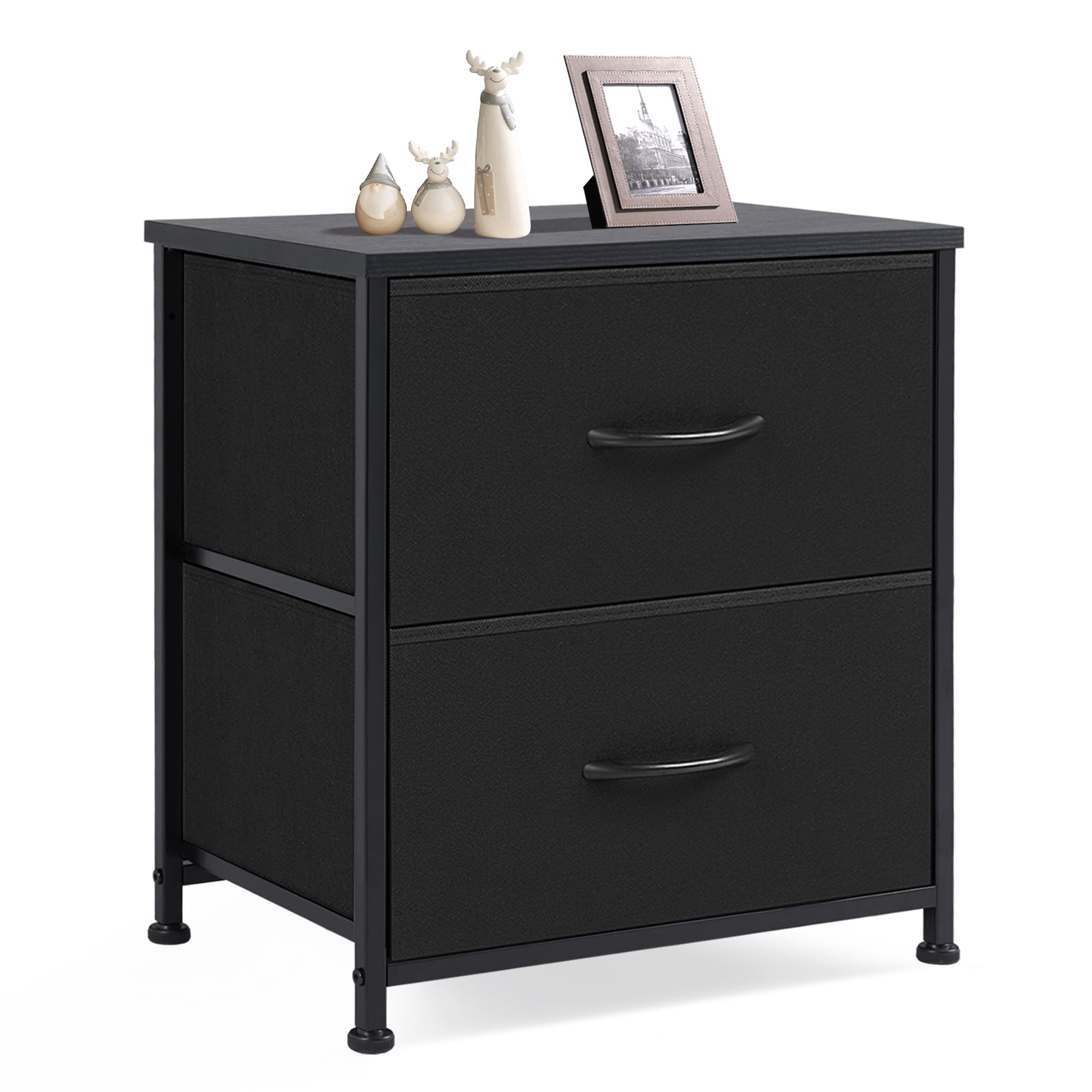 JIOABL Fabric Dresser with 2 Drawers, Nightstands with Adjustable Feet, End Table for Bedroom, Living Room, Black