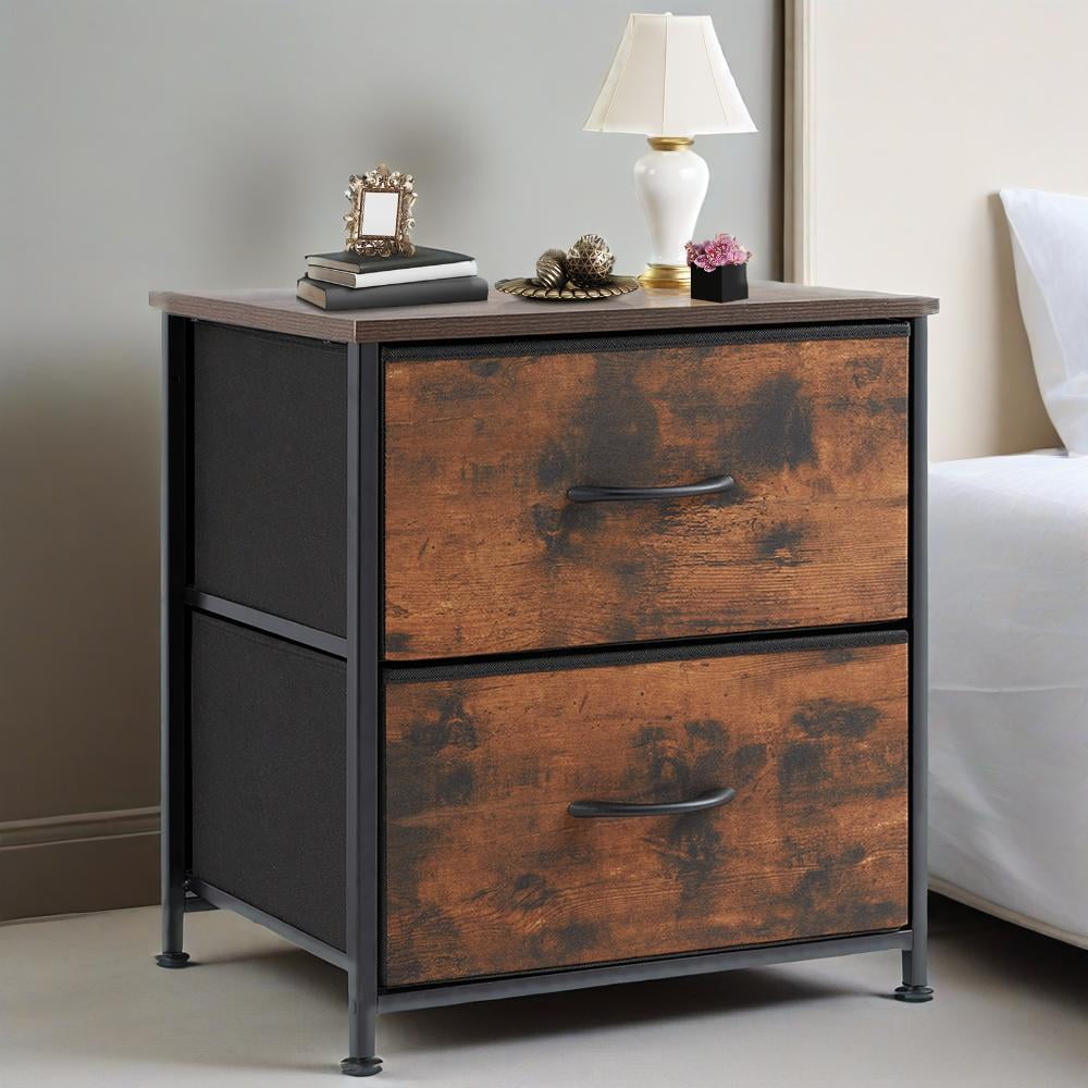 JIOABL Fabric Dresser with 2 Drawers, Nightstands with Adjustable Feet, End Table for Bedroom, Living Room, Rustic Brown, Set of 2
