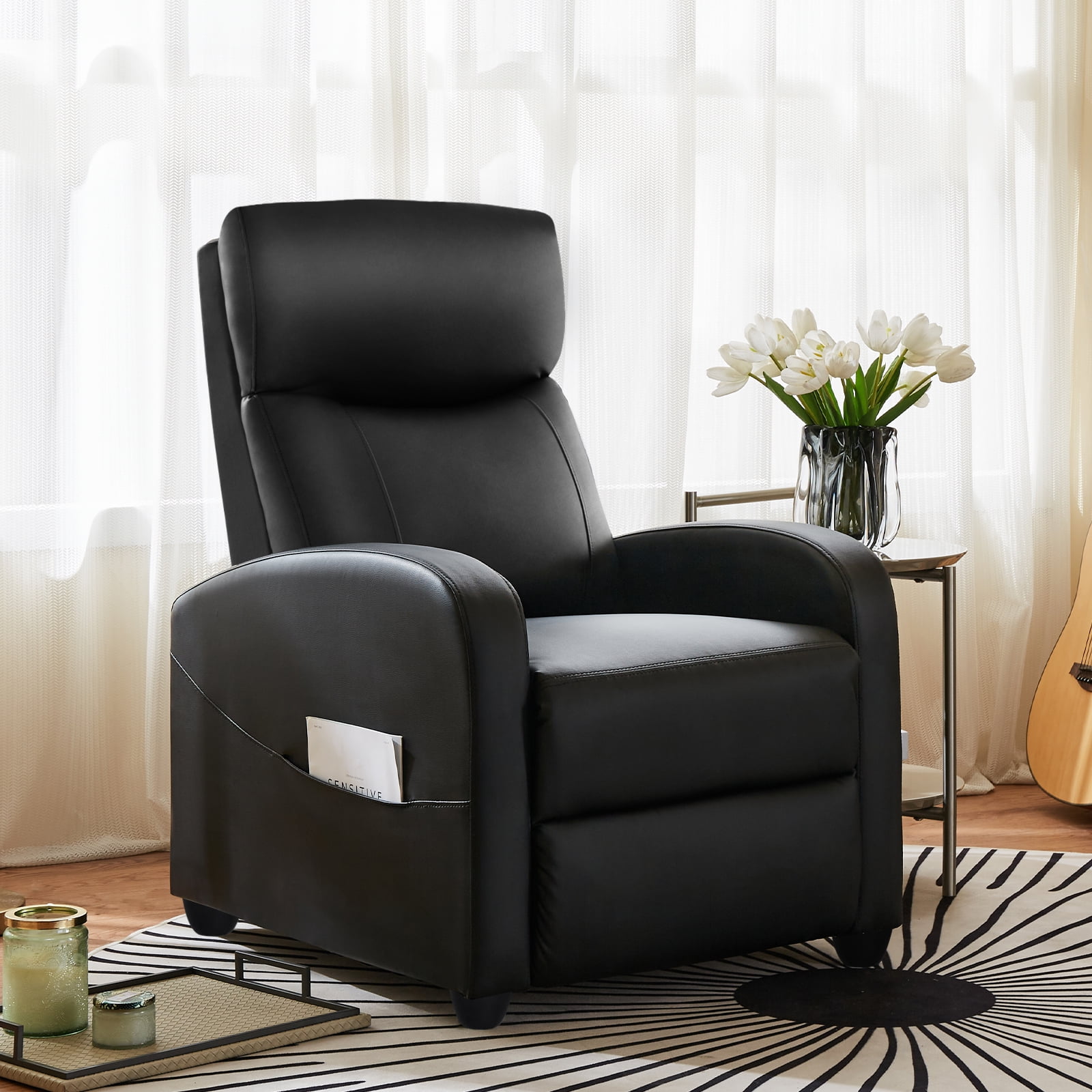 GIANNA Faux Leather Recliner Chair with Push Back and Lumbar Support, Overstuffed Living Room Reclining Sofa, Black