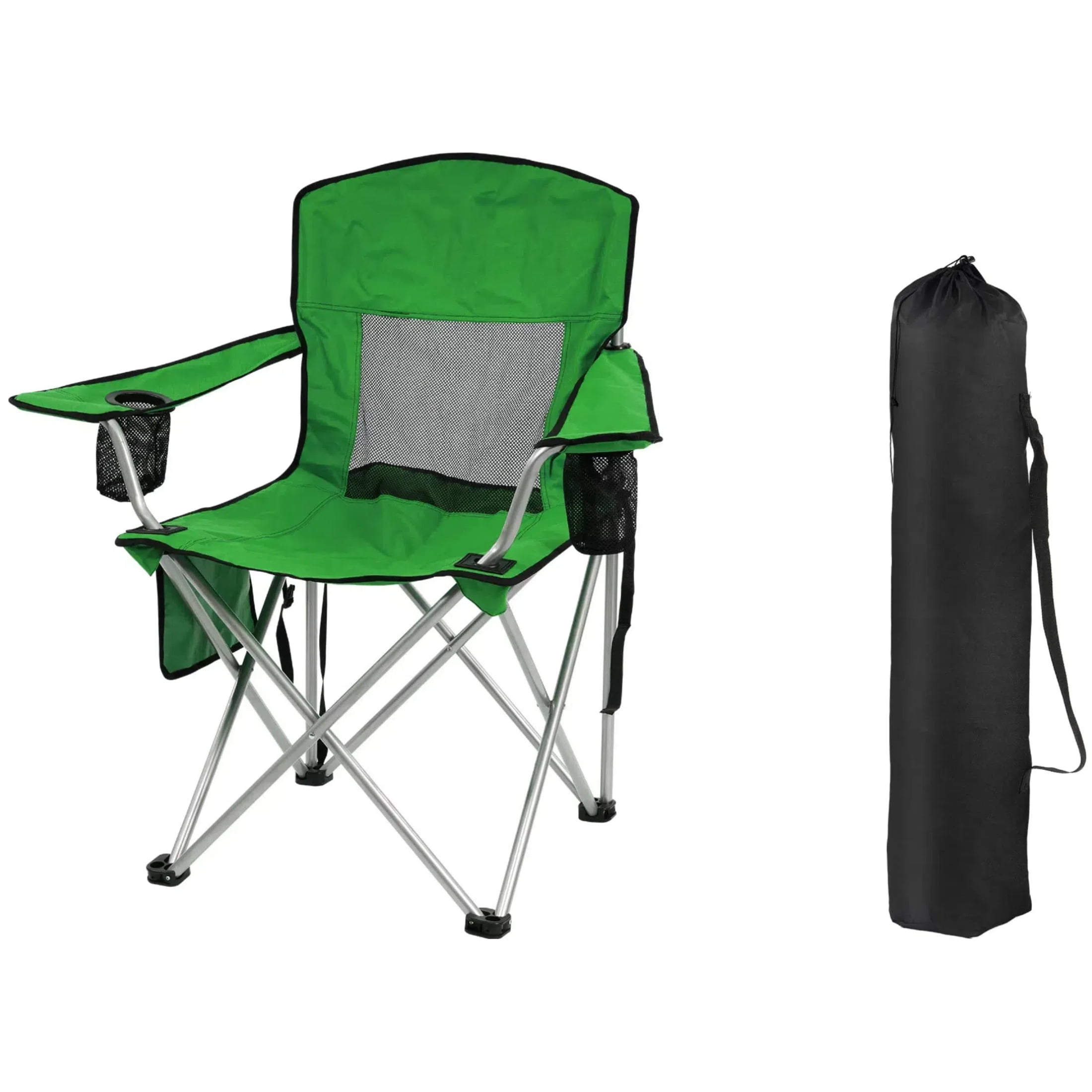 GIANNA Foldable Camp Chairs, Outdoor Chair Camping Recliner with Support Mesh Backrest, Camping Recliner Lawn Chair with Cup Holder, Storage Pocket, Carrying Bag, Green