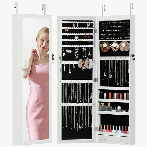 GIANNA Full-Length Mirror Jewelry Armoires, 6 LED Lights, Wall Door Mounted with Makeup Storage