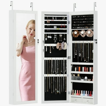 CONCETTA Full-Length Mirror Jewelry Cabinet, 6 LED Lights, Wall Door Mounted with Makeup Storage, White