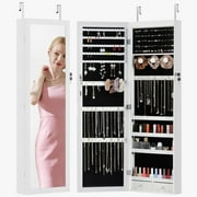 CONCETTA Full-Length Mirror Jewelry Cabinet, 6 LED Lights, Wall Door Mounted with Makeup Storage, White