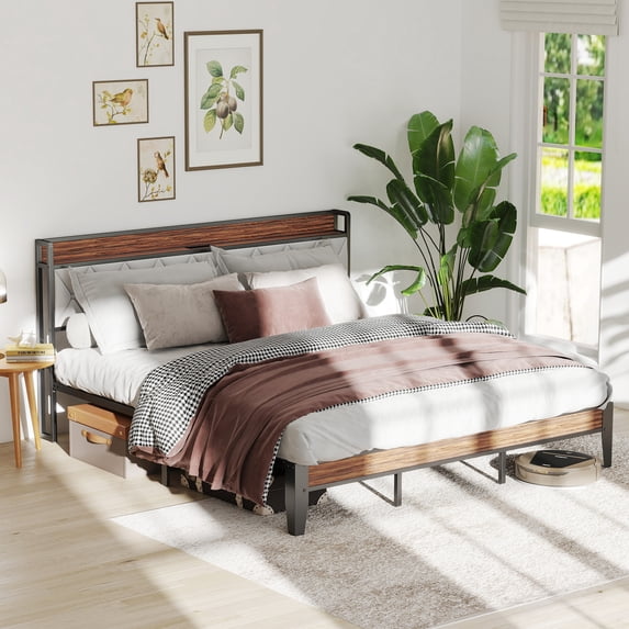 GIANNA King Bed Frame with Headboard, Underbed Storage, Built-in ...