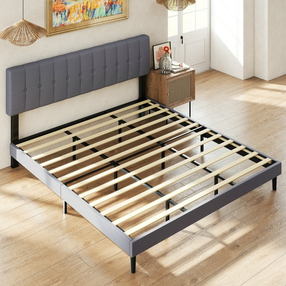 GIANNA King Size Platform Bed – Fabric Upholstered, Sturdy Wood Slats, No Box Spring Needed, Grey
