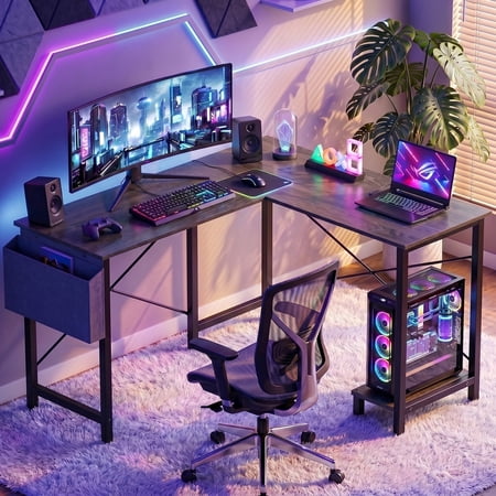 CONCETTA 49in Reversible L Shaped Computer Desk with Storage, Coner Desk with Wooden Desktop, CPU Stand and Side Bag for Home Office & Gaming, Gray