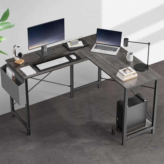 GIANNA L Shaped Computer Desk with Wooden Desktop CPU Stand Side Bag Reversible, Grey