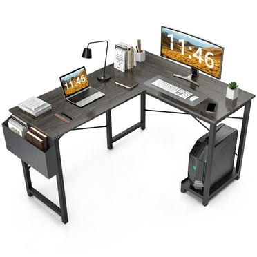 CONCETTA L Shaped Computer Desk with Wooden Desktop CPU Stand Side Bag Reversible, Grey