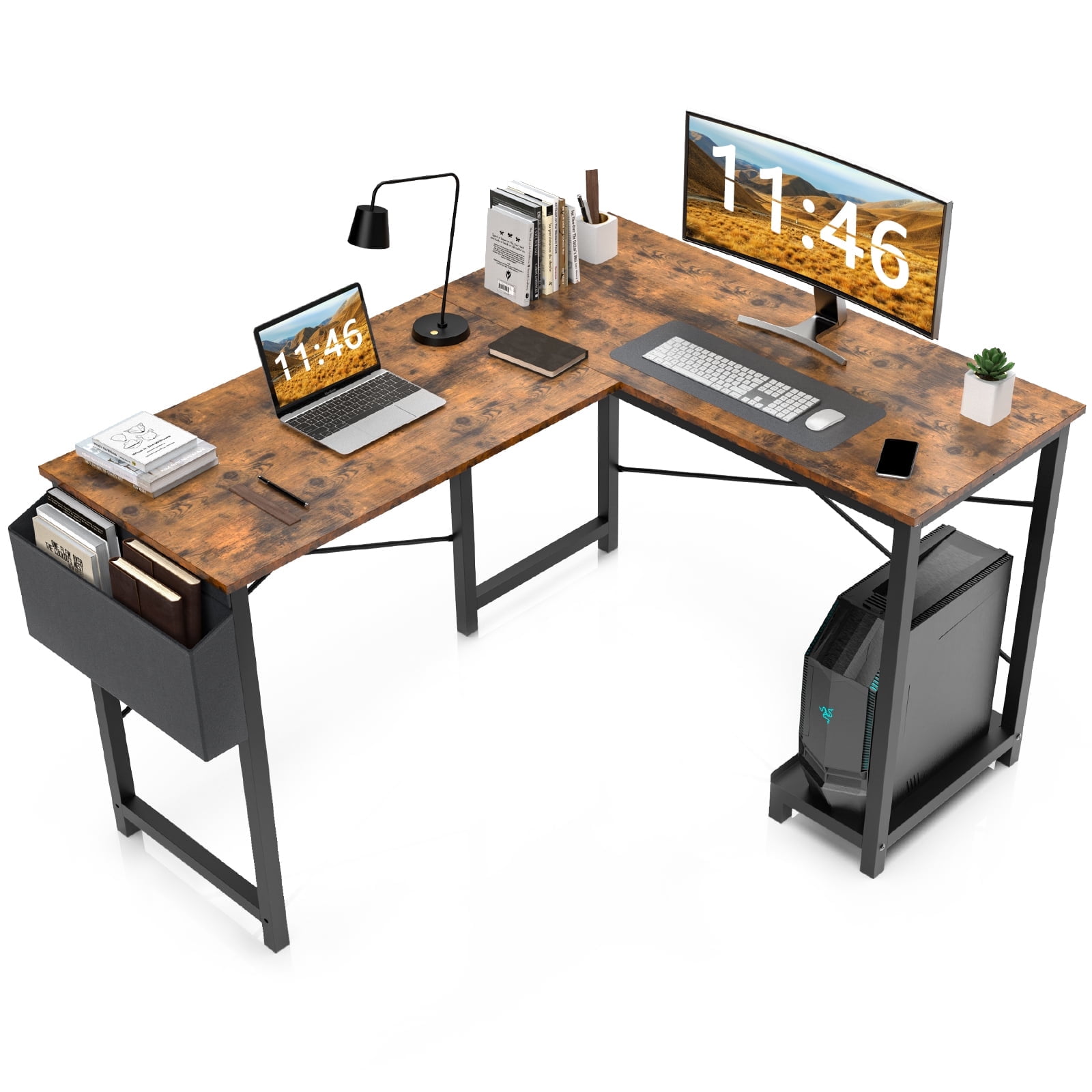 CONCETTA L-Shaped Wooden Computer Desk with CPU Stand, Side Bag