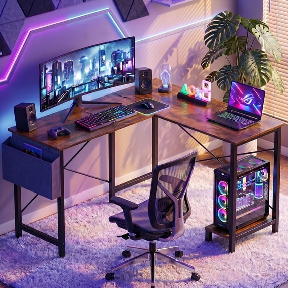 CONCETTA 49in Reversible L Shaped Computer Desk with Storage, Coner Desk with Wooden Desktop, CPU Stand and Side Bag for Home Office & Gaming, Rust Brown