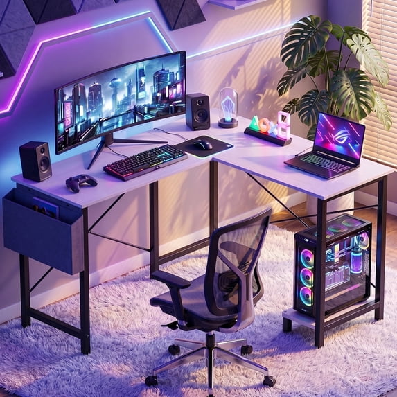 CONCETTA 49in Reversible L Shaped Computer Desk with Storage, Coner Desk with Wooden Desktop, CPU Stand and Side Bag for Home Office and Gaming, White