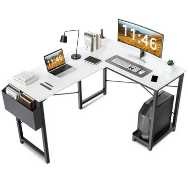 CONCETTA L Shaped Computer Desk with Wooden Desktop CPU Stand Side Bag Reversible, White