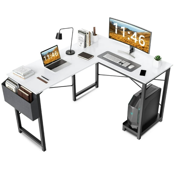 CONCETTA L Shaped Computer Desk with Wooden Desktop CPU Stand Side Bag Reversible, White