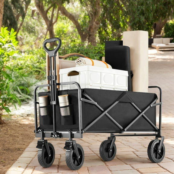 GIANNA Large Capacity Utility Cart, Foldable Shopping Wagon Cart with Drink Holders, 33.27"D X 20.47"W X 29.53"H, Black