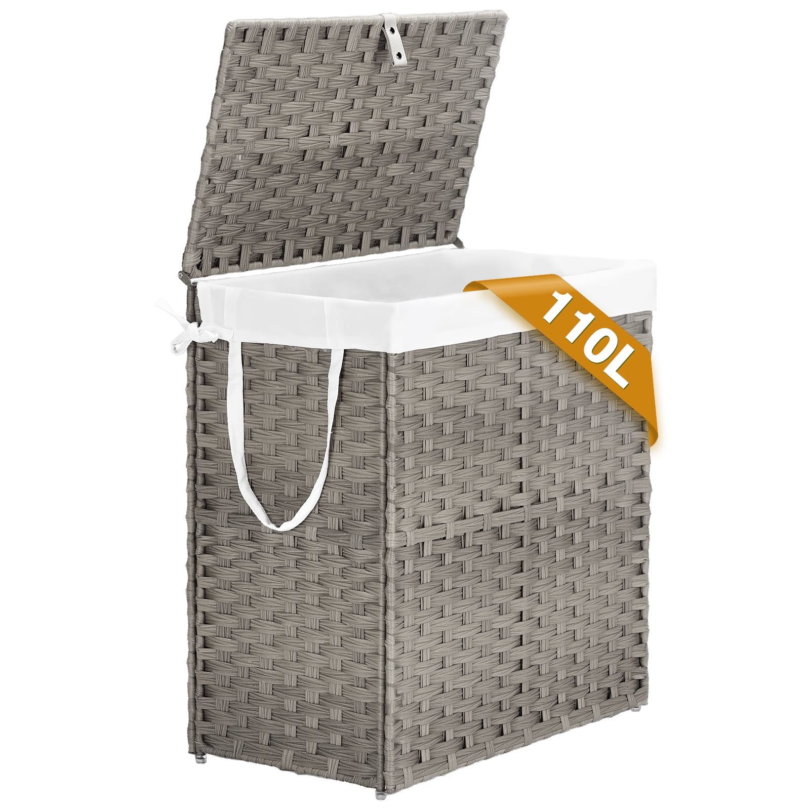 CONCETTA Laundry Hamper with lid, No Install Needed, 110L Wicker Laundry Baskets Foldable Removable Liner Bags, Clothes Hamper Handwoven Rattan Laundry Basket with Handles