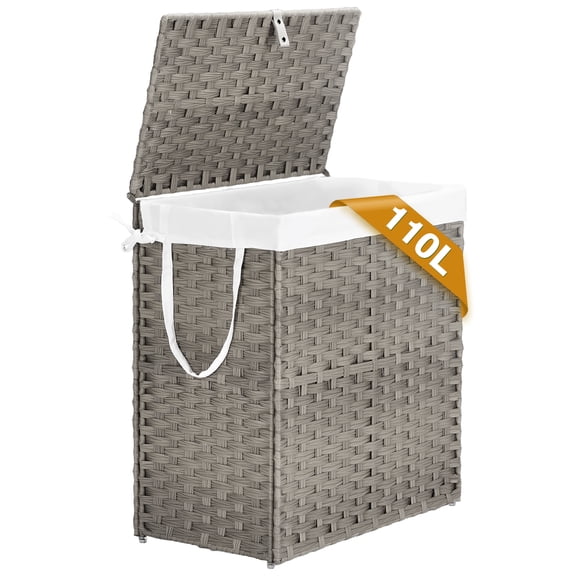 CONCETTA Laundry Hamper with lid, No Install Needed, 110L Wicker Laundry Baskets Foldable Removable Liner Bags, Clothes Hamper Handwoven Rattan Laundry Basket with Handles