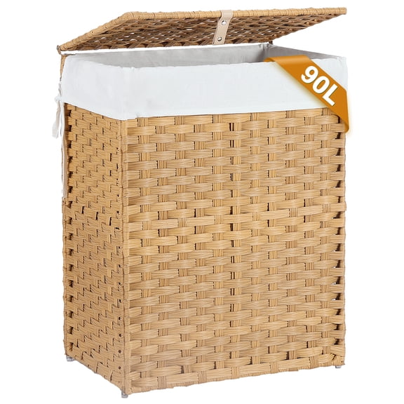 CONCETTA Laundry Hamper with lid, No Install Needed, 90L Wicker Laundry Baskets Foldable Removable Liner Bags, Yellow