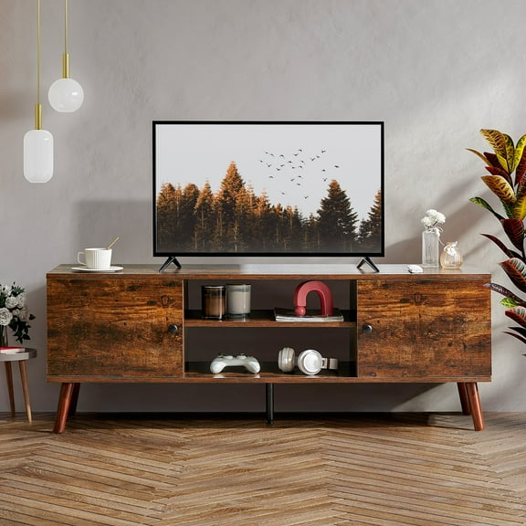 GIANNA Mid-Century Modern Wooden TV Stand for 55-60” TVs, 2 Storage Cabinets, Adjustable Shelf, Cable Management, Sturdy Legs, Easy Assembly, Rust Brown