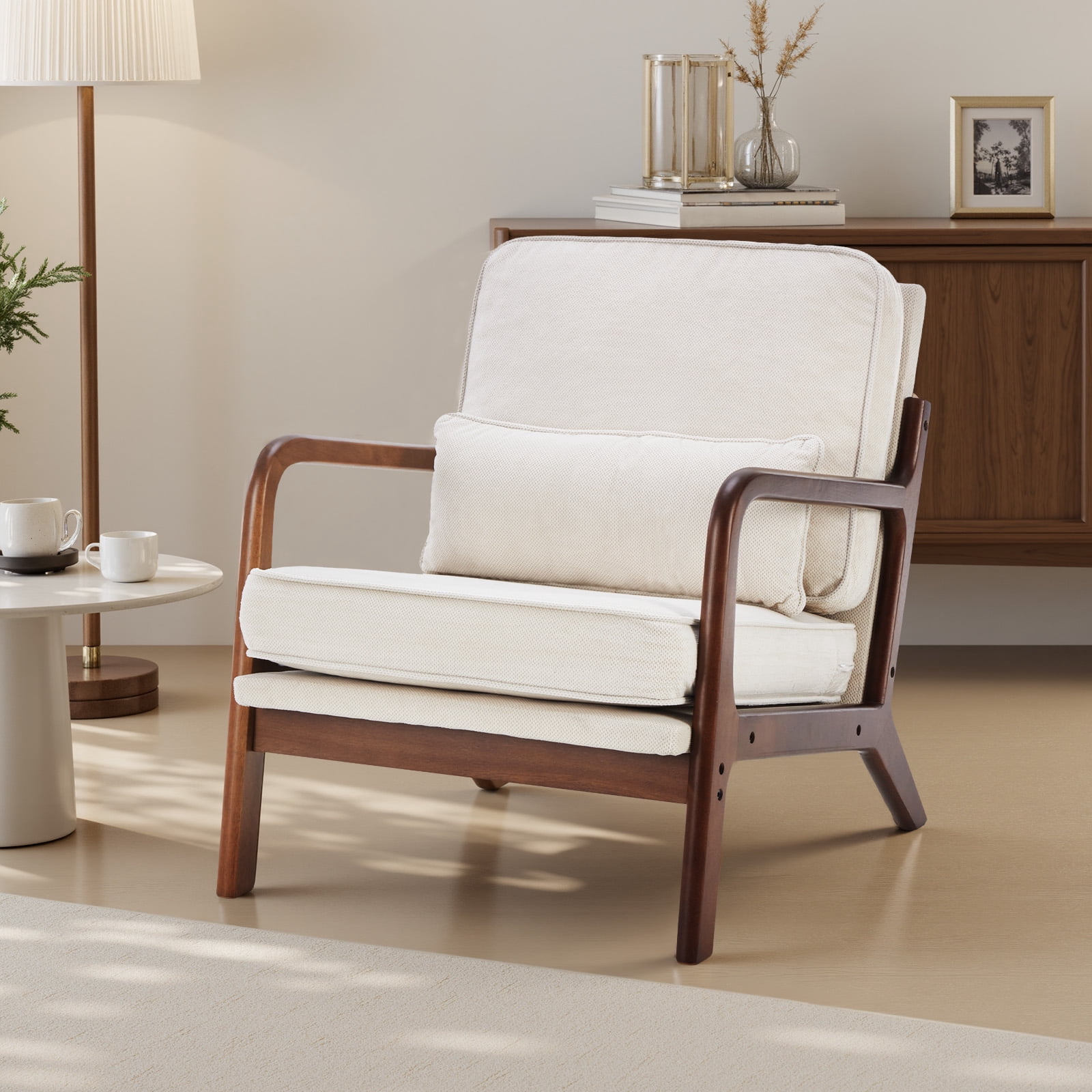 GIANNA Modern Accent Lounge Chair with Armrests and Cushion, Wooden Frame Reading Chair for Living Room or Bedroom, Beige