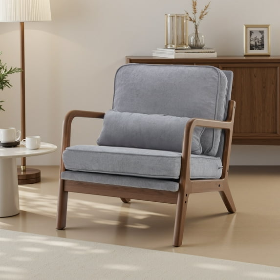 GIANNA Modern Accent Lounge Chair with Armrests and Cushion, Wooden Frame Reading Chair for Living Room or Bedroom, Gray