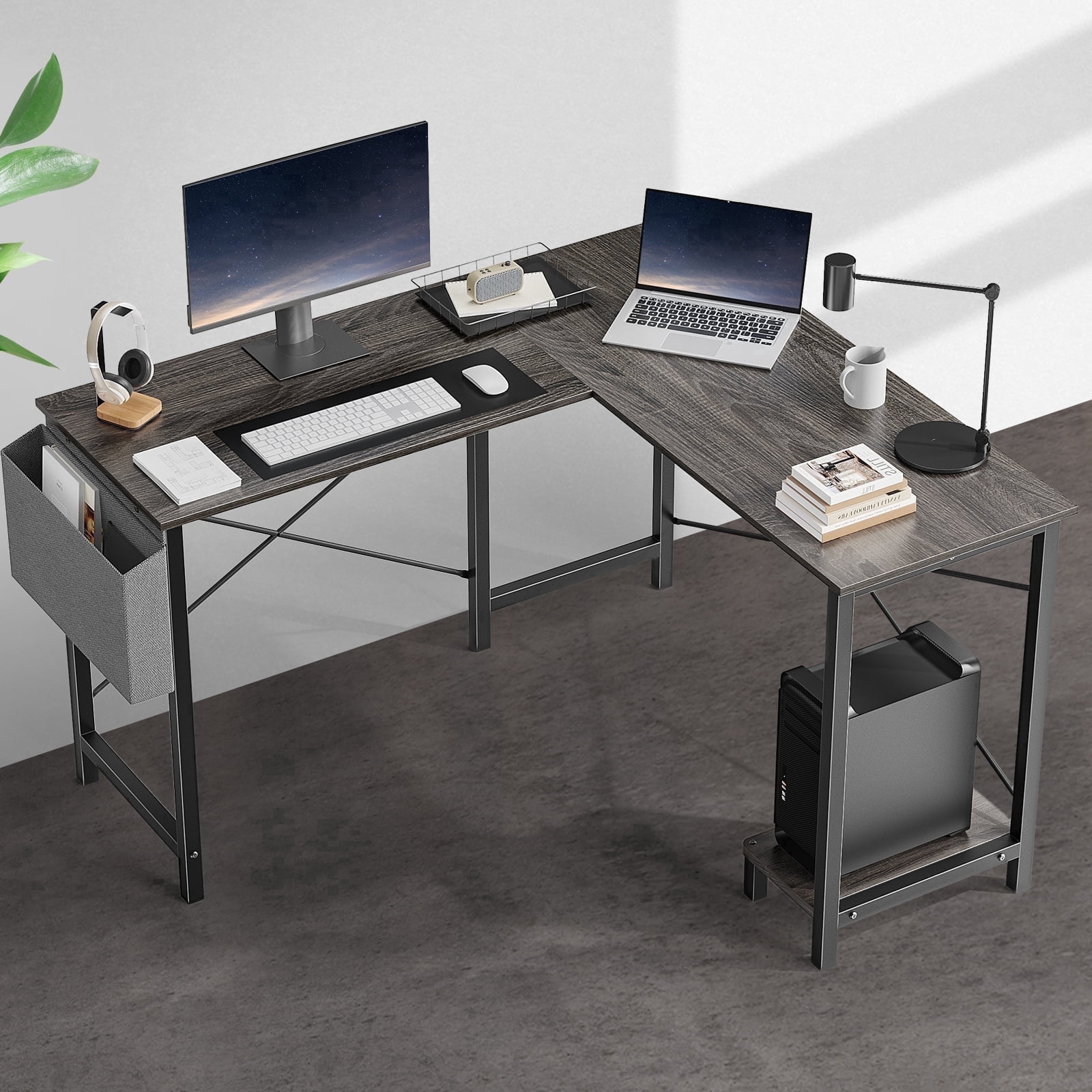 edx Modern L Shaped Office Desk with Wood Surface, Storage Bag and CPU Holder, Gray