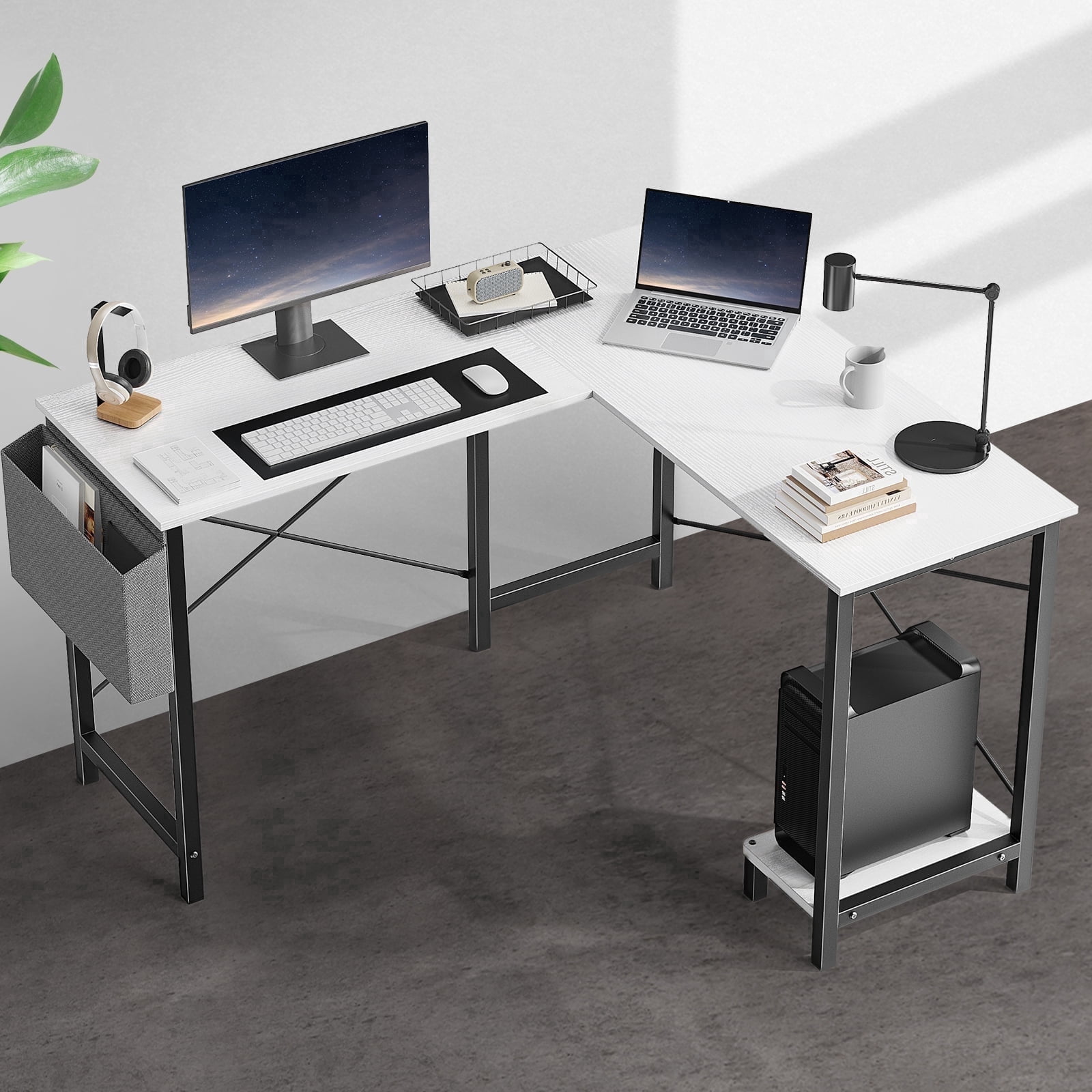 edx Modern L Shaped Office Desk with Wood Surface, Storage Bag and CPU Holder, White