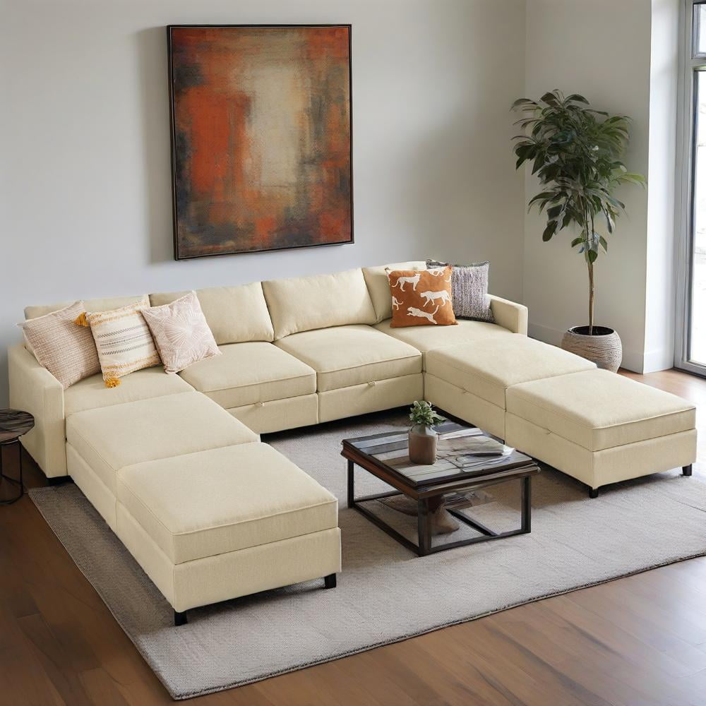 GIANNA Modern Sectional Sofa with 8 Seats 6 Backs, L-Shaped Sofa Set with Storage for Living Room, Beige