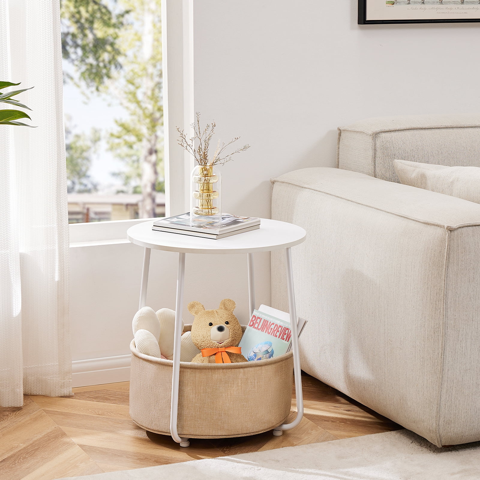 GIANNA Modern Small Round Side End Table with Fabric Basket: Versatile Bedside Table for Living Room and Bedroom