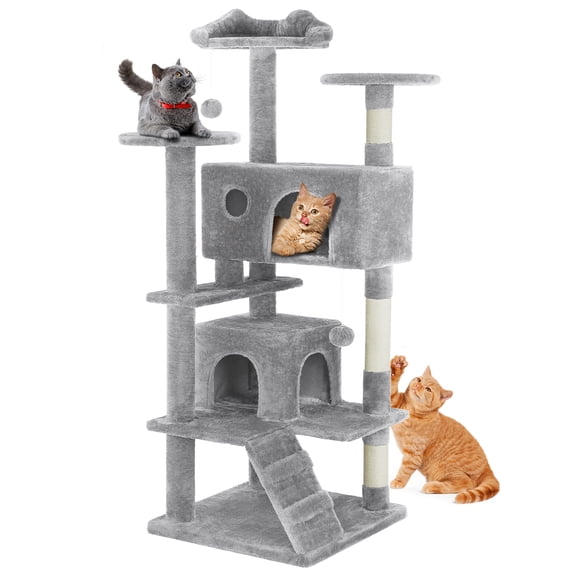 JIOABL Multi-Level Cat Tree Tower - 54-Inch Cat Tower with Large Condo, Climbing Ladder, Plush Toy, and More Cat Stuff, Light Grey