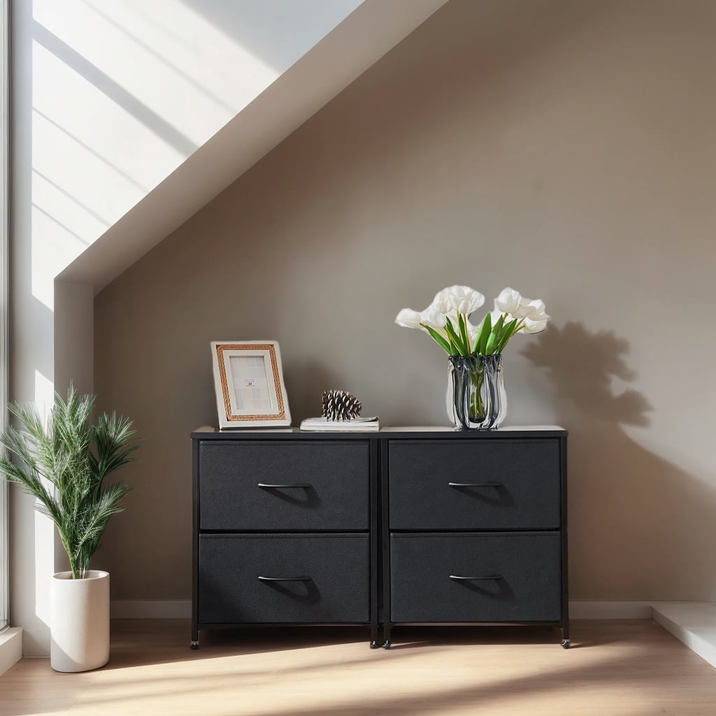 JOINSUN Nightstand Dressers with 2 Fabric Drawers, Small Chest Organizer with Fabric Bins for Bedroom, Black, Set of 2