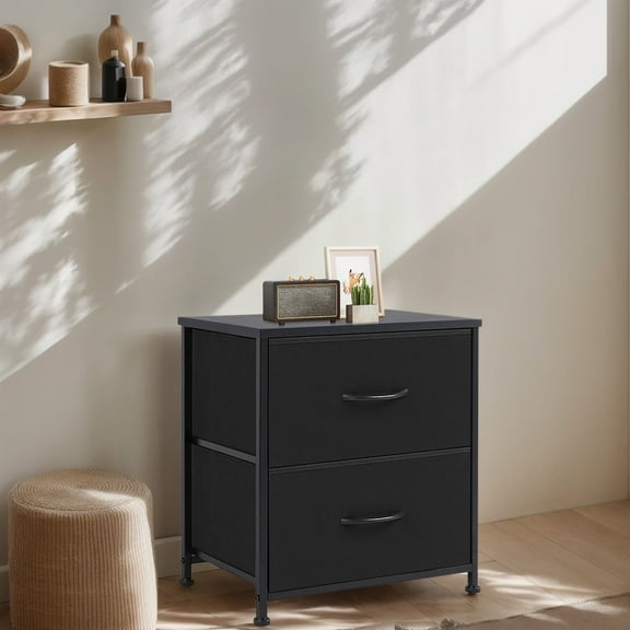 JOINSUN Nightstand Dressers with 2 Fabric Drawers, Small Chest Organizer with Fabric Bins for Bedroom, Black
